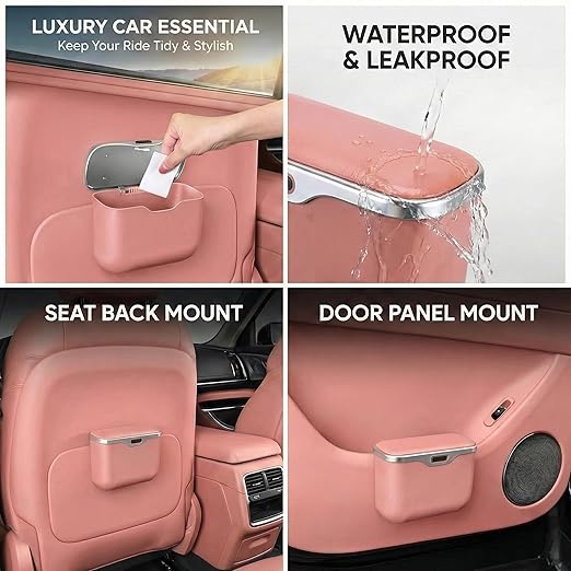 Car Trash Can with Lid - Leakproof Hanging Car Garbage Bin for Door & Seat Back - Waterproof Auto Trash Bag & Multifunctional Storage Organizer for SUV, Truck, Sedan (Pink)
