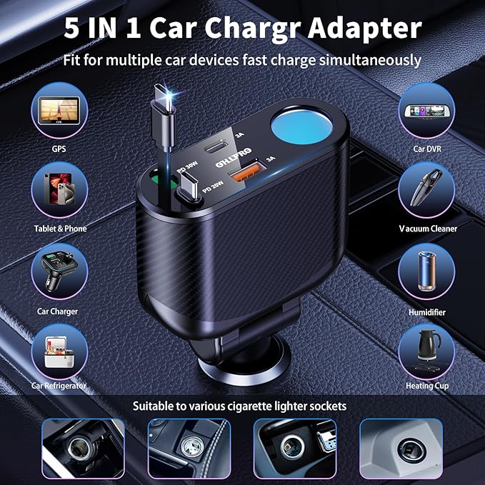 OHLPRO Retractable Car Charger Cigarette Lighter Adapter, 168W 5 in 1 Fast Phone Charging Built-in Replaceable Fuse, Socket Splitter with USB C and USB i Cord, Fit for Phone iPad Galaxy GPS, Grey