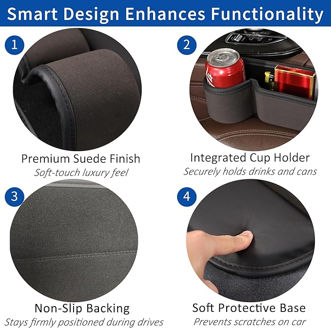 2 Pack Car Seat Gap Filler with Cup Holder, Suede Car Seat Gap Plug with Storage Slot for Filler Between Car Seat and Console, Universal Fit Sedans, SUVs, MPVs, Most Vehicles (Black)