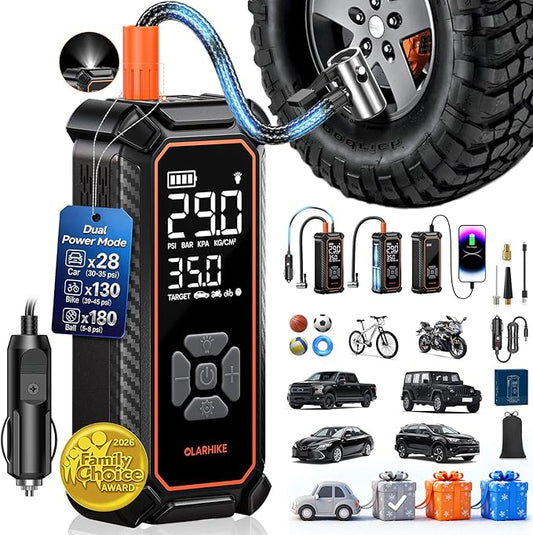 OlarHike Cordless Tire Inflator Portable Air Compressor, Dual Power Mode - 9000 mAh & 12V DC, Air Pump for Car Tires, Motorcycle, Bicycle, Electric Pump with LED Light & Digital Pressure Gauge