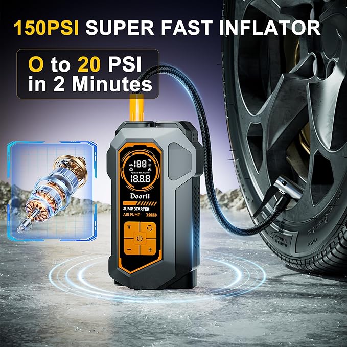 Jump Starter with Air Compressor, Car Jumper Starter Portable 6000A, 150PSI Tire Inflator/Air Pump, LED Flashlight for Up to 10.0L Gas / 8.0L Diesel Engines