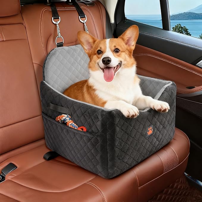 Dog Car Seats for Small/Medium Dogs, Puppy Car Seat with Thick Cushion, Detachable Washable Dog Carseat with Storage Pockets for Dogs Up to 35lbs (Grey)