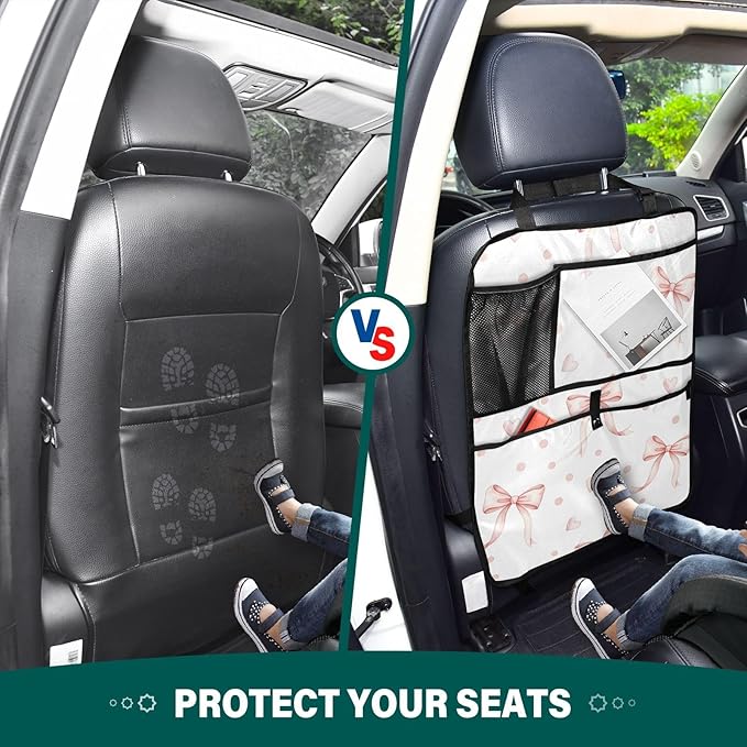Pink Bows Backseat Organizer 1 Pack Kick Mats with Pockets Backseat Protector Seat Covers for Car Storage Travel Accessories