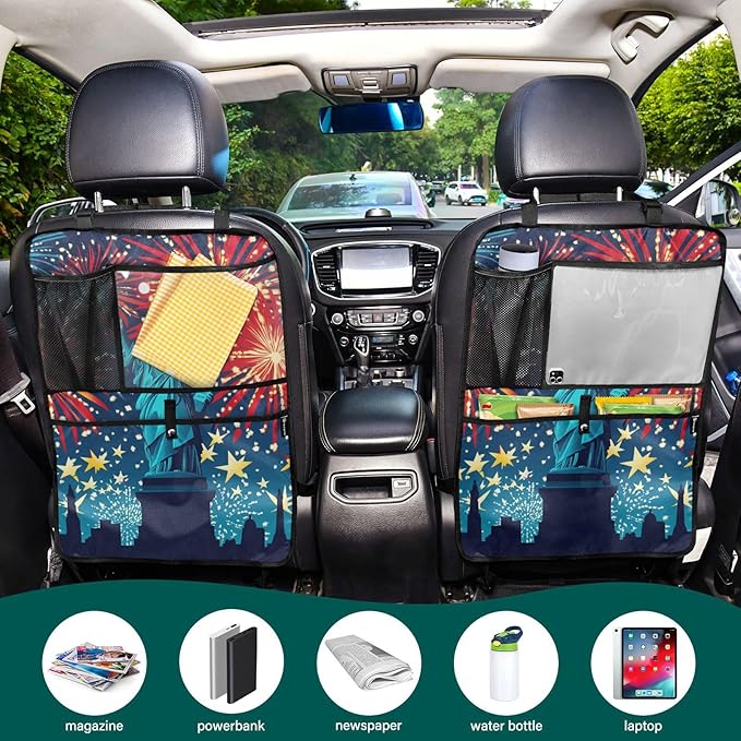 July 4th Fireworks Statue Of Liberty Blue 2 Pack Backseat Car Organizer with Storage Pockets Seat Back Organizers for Kids Kick Mats Backseat Protector Automotive