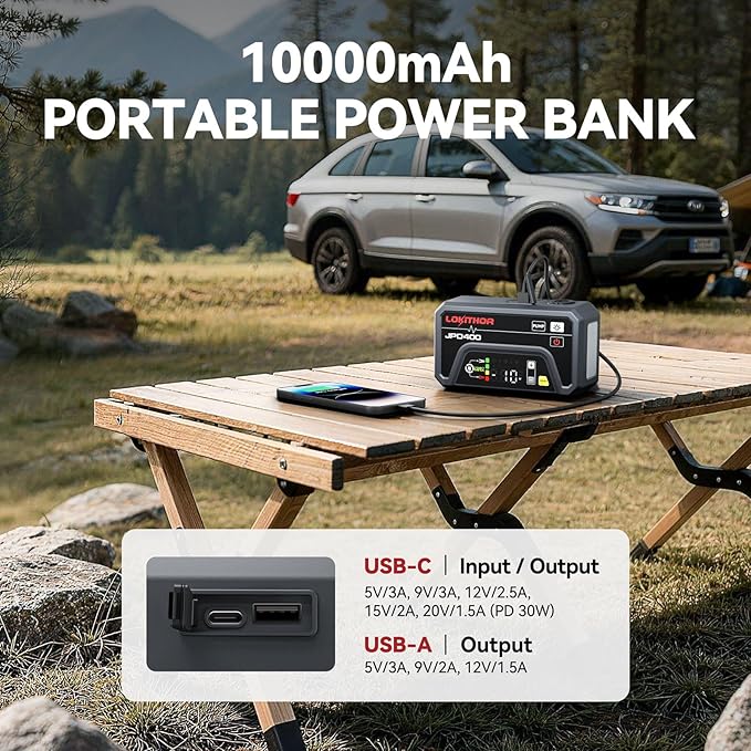 LOKITHOR JPD400 Jump Starter with Air Compressor and Deflator, 3000A Car Battery Jump Starter (9.0L Gas/7.0L Diesel) Jump Box with 150PSI Tire Inflator, 10000mAh Power Bank, LED Light, Jumper Cables