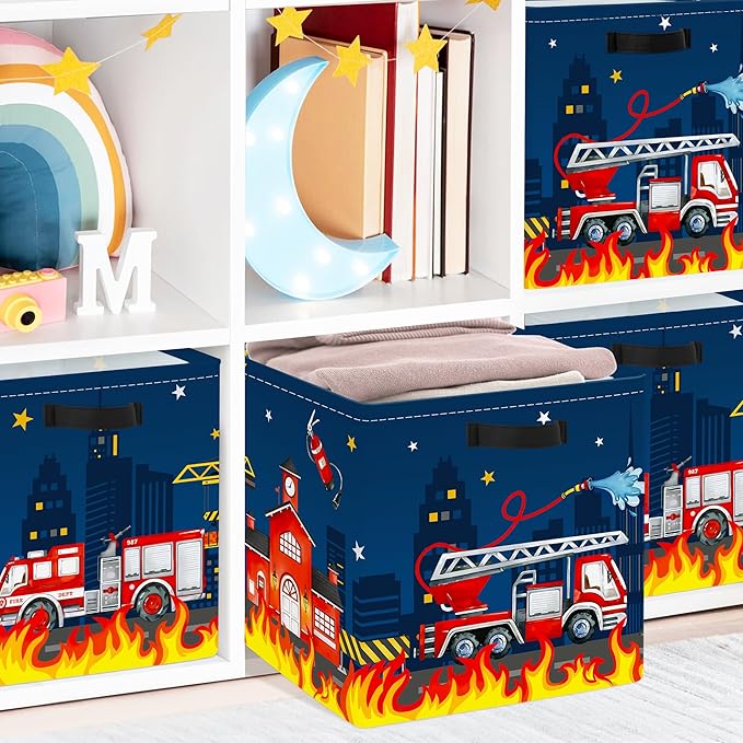 Clastyle Cars Kid Storage Cube Organizer Set Closet Clothes Cube Storage Bin Nursery Toddler Toy Box Chest Girl Boy Book Shelf Basket,‌Fire Truck,11.8x11.8x11.8 in