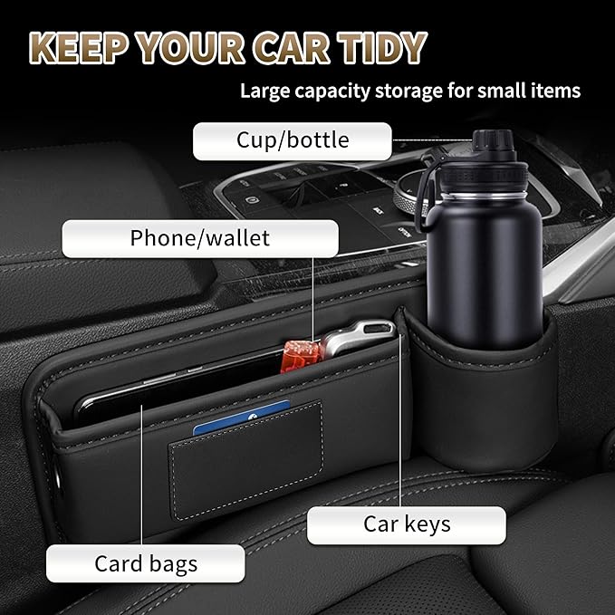 Kwak's Car Seat Gap Filler Organizer (2PC) – Fits 0.2"-1.2" Gap Premium Leather Drop Stop Car Console Organizer for Phone/Keys – Universal Front Seat Organizer for Car SUV Truck (Black)