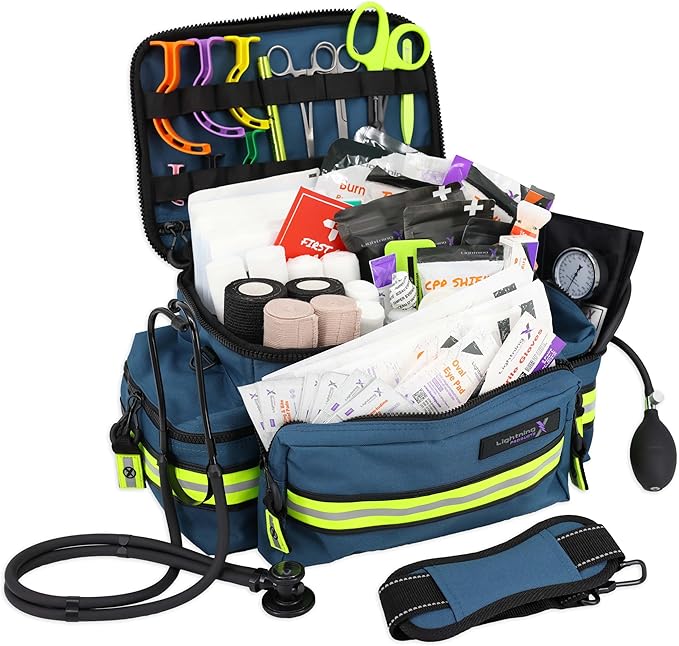 Lightning X Products Lightning X Mid-Sized First Responder EMT Bag | LXMB25 Fully Stocked w/ 240+ Aid, EMS & Trauma Supplies - Blue