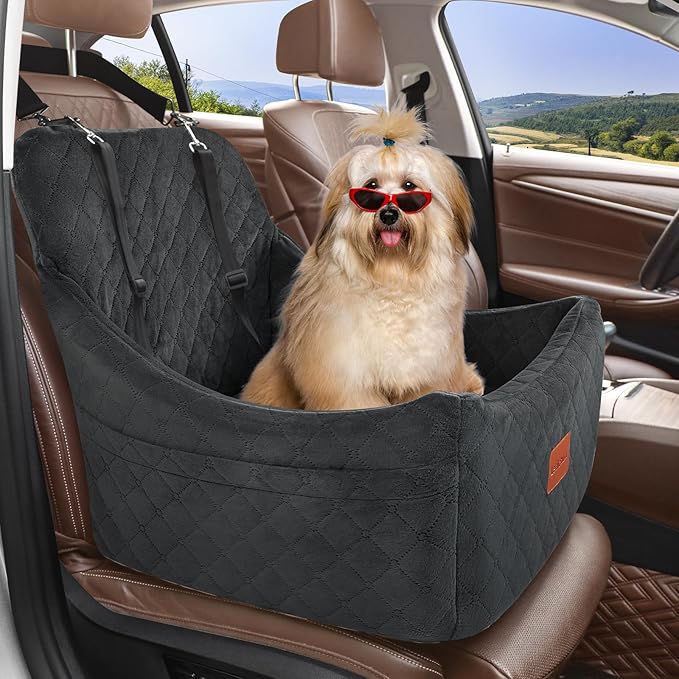 Lealchum Dog Car Seat for Medium Dogs Up to 40lbs,Fully Detachable and Washable,Memory Foam Covered Soft Fabric,Easy to Install with Adjustable Straps,Anti-Slip Base,Two Side Pockets(Black,Medium)