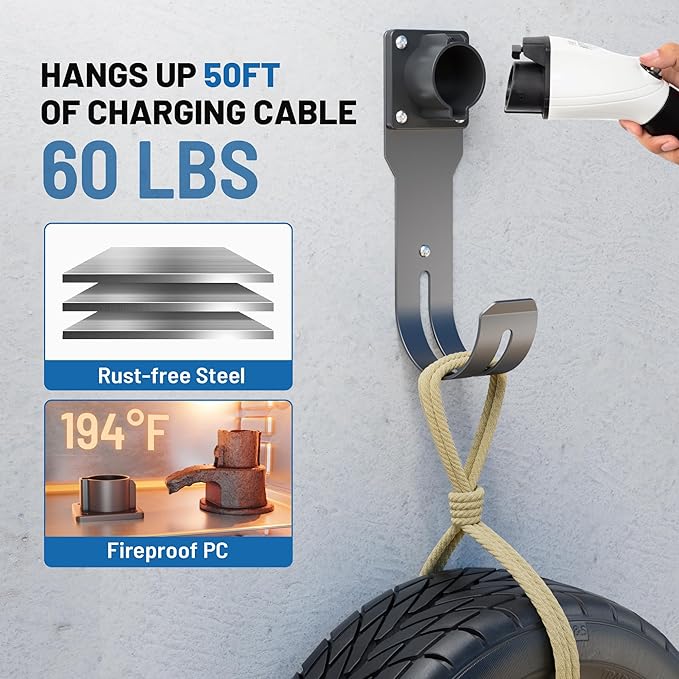 MECMO EV Charger Holder SAE J1772 Nozzle Holster Dock and J-Hook Combination Wall Mount, EVSE Electric Vehicle Car Charger Cable Organizer EV Charger Cord Wall Hook Cable Holder J1772 Connector