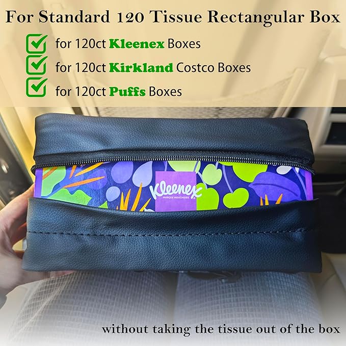 Car Tissue Holder for 120 Standard Tissue,Leather PU Tissues Box Cover for Car Backseat,Extra Large Rectangle Napkin Holder Soft Rectangular,Fits for Kleenex tissues,for Storage& Organization (Black)
