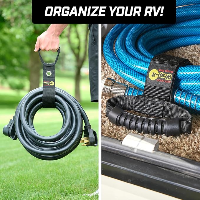Easy-Carry Wrap-It Storage Straps - Assorted 3-Pack Black with Grommet - Power Cord Organizer Carrying Straps for RV Hose Storage and Accessories