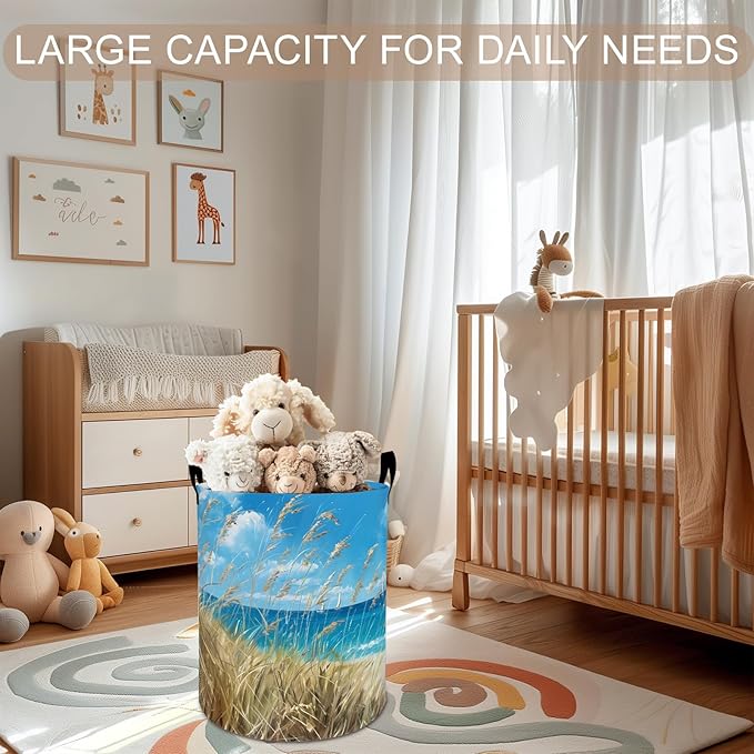 Coastal Beach Grass Laundry Basket Hamper 19.7"x15.8", Foldable Waterproof Oxford Clothes Storage Bucket for Room Bathroom Bedroom Nursery Decor, Toy Organizer Bins Gifts for Kids Boys Girls