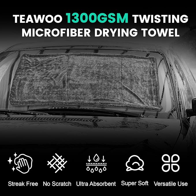 TEAWOO 2 Pack Double-Sided Car Care Extra-Large, Ultra-Absorbant Microfiber Drying Towel for Cars and Trucks, Super Absorbent Car Drying Towel, 1300GSM, 35" x 24"