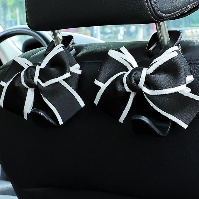Amooca Car Seat Headrest Hook Cute Bowknot Vehicle Hanger Car Storage Organizer for Handbag Purse Coat Grocery Bag Black