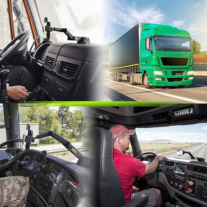 Cell Phone Mount for Truck Phone Holder for Truck Drivers - Heavy Duty Suction Cup + Dashboard Pad, iPhone Holder for Dashboard Window 16.9 inch Long, for iPhone & Samsung, Commercial Trucker, Green