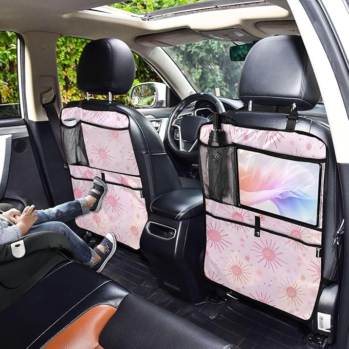 JIPONI Car Backseat Organizer, Pink Suns Automotive Back Seat Protector, Kick Mats with Storage Pockets for Kids Pets, Road Trip Accessories (2 Pack)