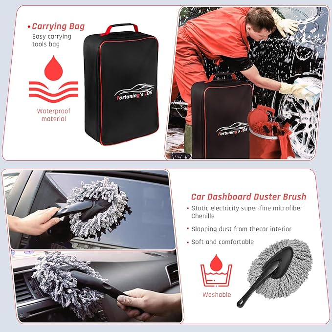Fortuning's JDS 39PCS Car Wash Cleaning Kit, Auto Detailing Kit, Car Detailing Kit Interior Cleaner, Car Wash Kit with Bucket Detailing Brush Set Car Accessories for Motorcycle, Cars, Bikes, Wheels