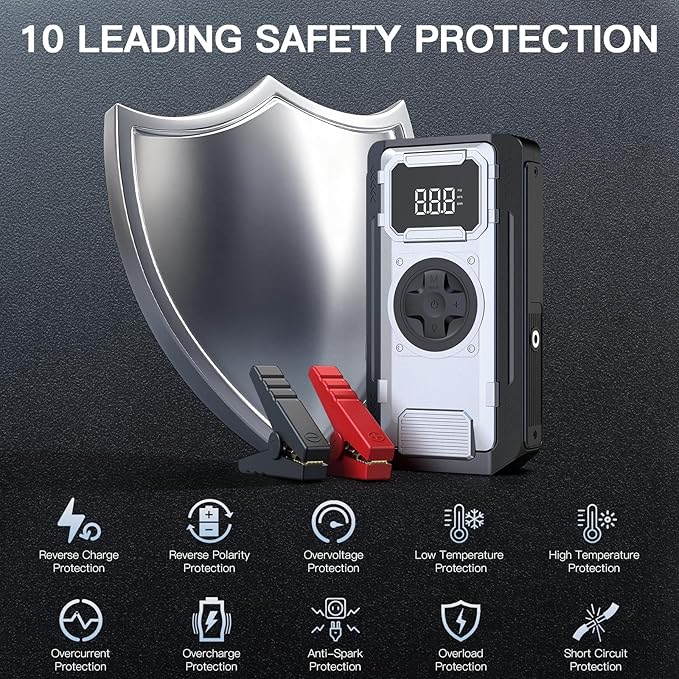 6000A Jump Starter with Air Compressor,150PSI Car Battery Tire Inflator (All Gas/10.0L Diesel Engines),12V Car Battery Jump Box with Jumper Cables, LCD Display, LED Light,Power Bank