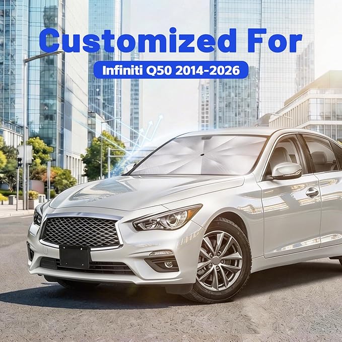 Car Windshield Sun Shade for Infiniti Q50 2014-2026 –[Reflective Coated Fabric] Sunshade Umbrella for Front Window, Car Shades Sun Visor Keep Car Cool and Protects Interior, 1:1 Exact Fit