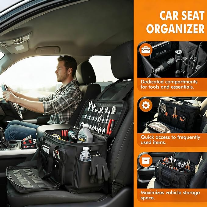 Car Front Seat Organizer, Truck Front Seat Organizer for Storage, Front & Passenger Organizer Bag with Multiple Pockets,Water-Resistant 600D Oxford Fabric,Adjustable Strap,Truck Driver Gifts for Men