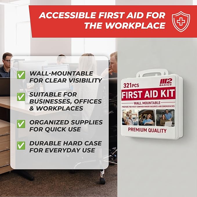 M2 BASICS Premium 321 Piece First Aid Kit, All Purpose Kit with Hard Case for Home, Car, Business, School, Office & Vehicle
