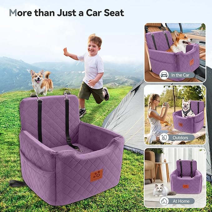 GL GLENSLAVE Dog Car Seat for Small/Medium Dogs Under 35lbs,Memory Foam Dog Booster Seats,Detachable and Washable Traval Pet Car Seat, Dogs Bed with 2 Safety Belts (Purple)
