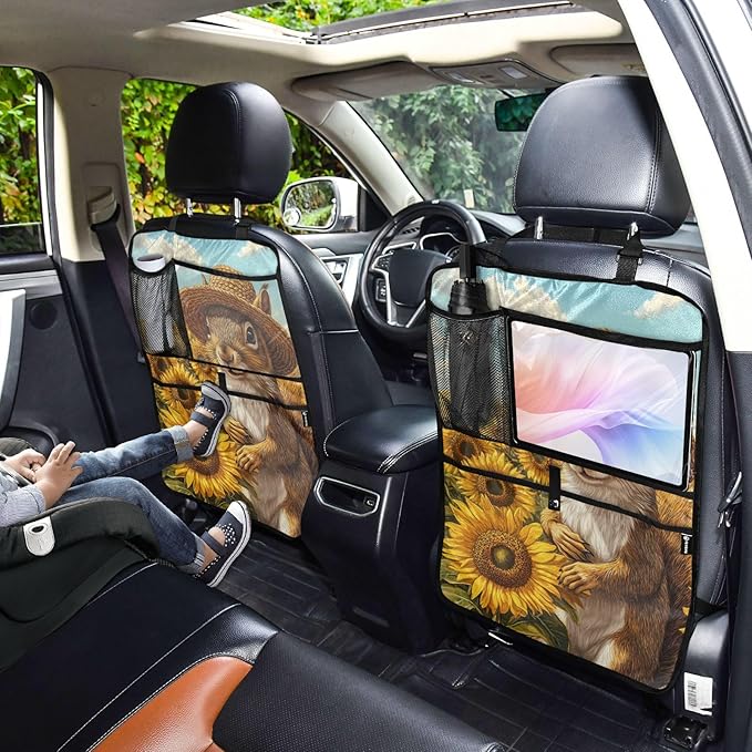 Sunflower Squirrel 1 Pack Backseat Car Organizer with Storage Pockets Seat Back Organizers for Kids Kick Mats Backseat Protector Automotive