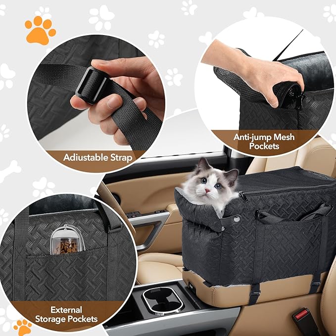 Center Console Dog Car Seat for Small Dogs,Washable Foldable Console Booster Seat for Puppy Car Seat with Safe Protection Hooks Adjustable Straps and Storage Pocket Pet
