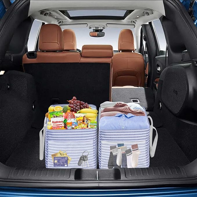 LHZK Standing Extra Large Utility Tote Bag with Metal Wire Frame and the Sides Rinforced, Extra Large Tote Bag with Handle, Reusable Grocery Bags Foldable, Beach Bag, Car Tote (Blue)