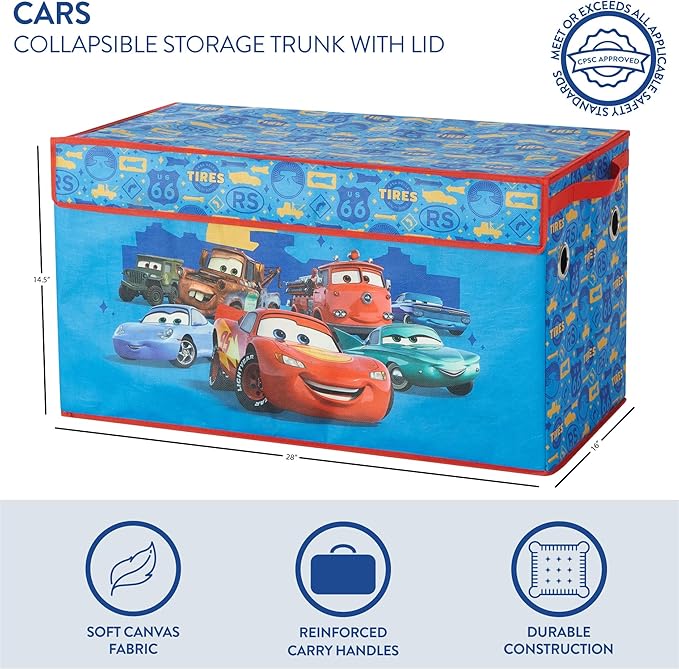 Disney Pixar Cars Collapsible Storage Trunk,Durable Kids Toy Organizer with Soft Lid, Foldable Chest for Bedroom & Playroom, 28.5" x 14.5" x 16"
