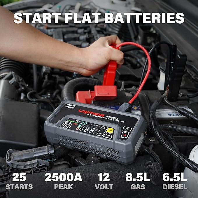 LOKITHOR JP400 Jump Starter with Air Compressor, 2500A 12V Car Battery Jumper Starter Portable (8.5L Gas/6.5L Diesel) with ConnectMax Tech, 150PSI Tire Inflator, Auto-Shutoff & Dynamic Dwell
