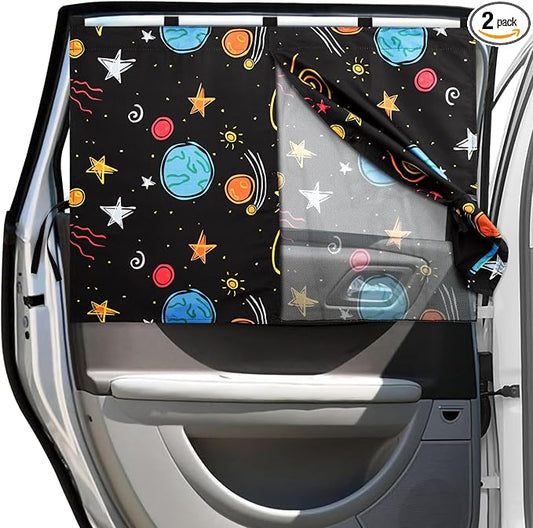 Car Window Shades, 2 Packs Magnetic Car Sun Shades for Baby, 2 Layers for Blackout/See Through Options Colorful Starry Pattern Side Window Curtain for Kids Heat/UV Blocker