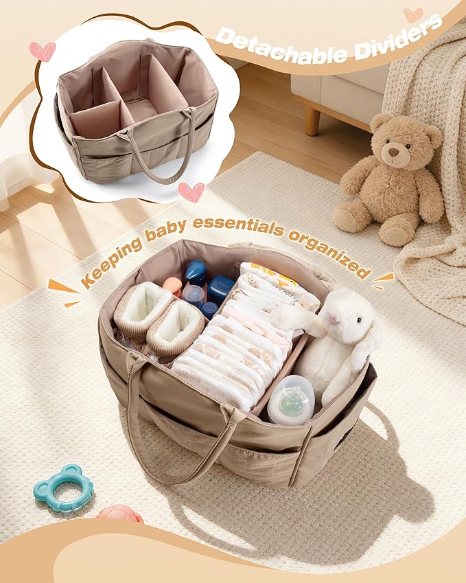 Quilted Baby Diaper Caddy with Detachable Dividers and Wipes Pocket, Lightweight Baby Caddy Organizer with Handles and 8 Pockets for Baby Stuff, Camel