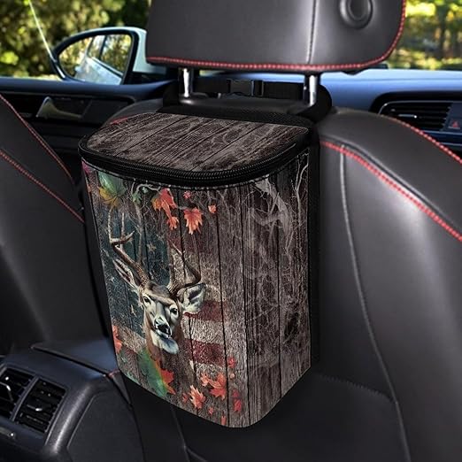 Talayituse Deer Wood American Flag Print Car Trash Can, Portable Auto Garbage Bin Multifunctional Vehicle Interior Accessories with Adjustable Straps Universal Fit Truck SUV Sedan