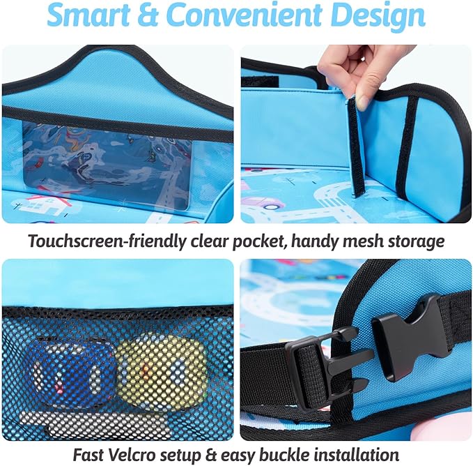 OUOZZZ Kids Travel Tray for Car - Boy's Safety Seat Table, Toddler Road Trip Essentials - Carseat/Airplane Lap Desk with Weight-Relief Strap, Non-Skid Silicone Base, Waterproof Dining/Craft Mat