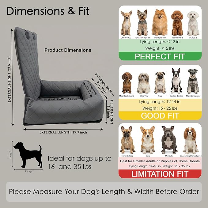 Microfiber Leather Dog Car Seat for Small & Medium Dogs, Waterproof Pet Car Seat with Washable Pee Pad, Scratch & Fur Resistant, Foldable Dog Bed for Home & Travel, Non-Slip Design, Matte Gray
