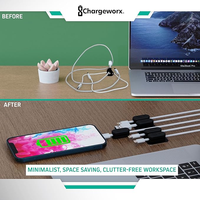 CHARGEWORX Magnetic Cable Clips 10-Pack – Adhesive Cord Organizer for Desk, Wall, Nightstand & Car – Magnetic Cable Holder for USB-C, Lightning, HDMI & Charging Cables – Cable Management Clips