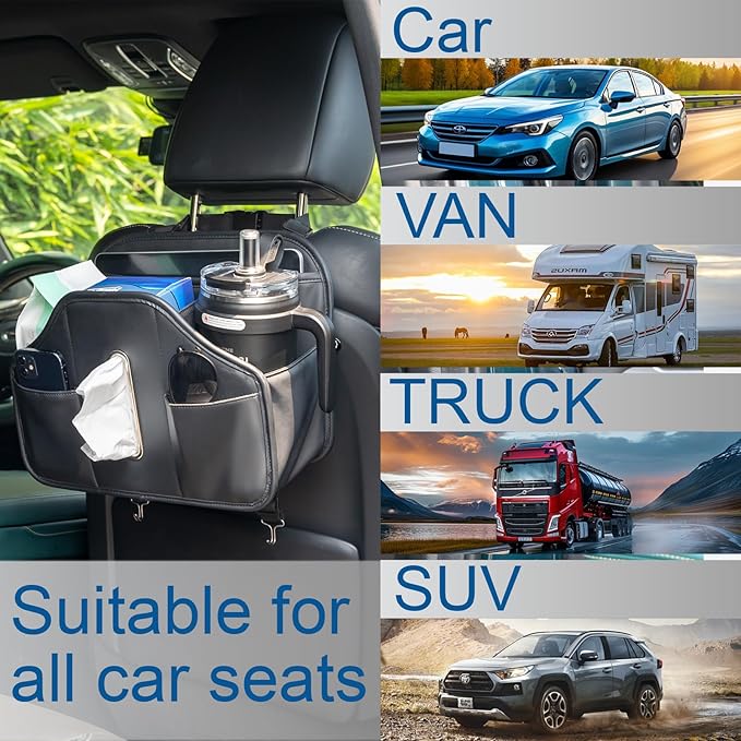 Multifunctional Car Tissue Holder,Back Seat Organizer with Cup Holder,PU Leather Car Headrest Seat Back Storage,Snack Organizers for Kids,Large Tissue Box Cover Fit Kleenex Tissues(50-230ct)