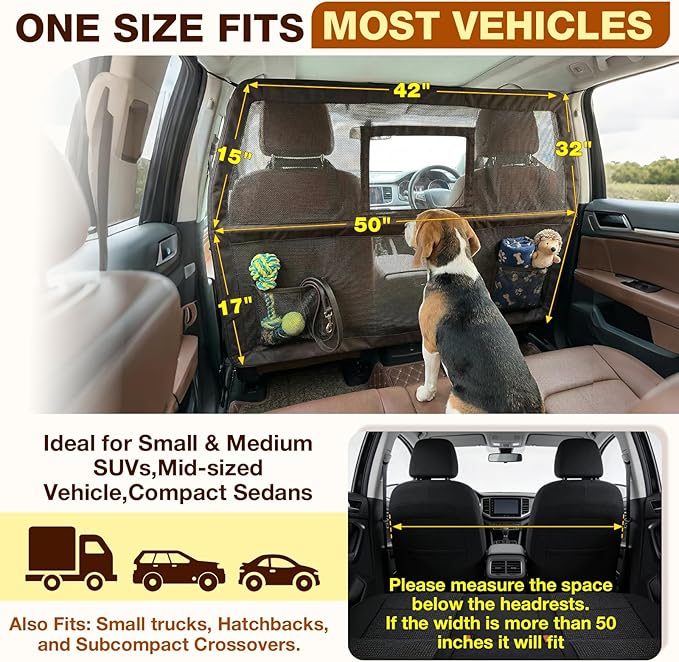 Loyala Dog Car Barriers for SUVs Trucks Cars Adjustable Dog Car Divider Pet Car Barrier for Back Seat Pet Barrier Universal-Fit Safety Travel Accessory 50" W x 56" W x 32" H