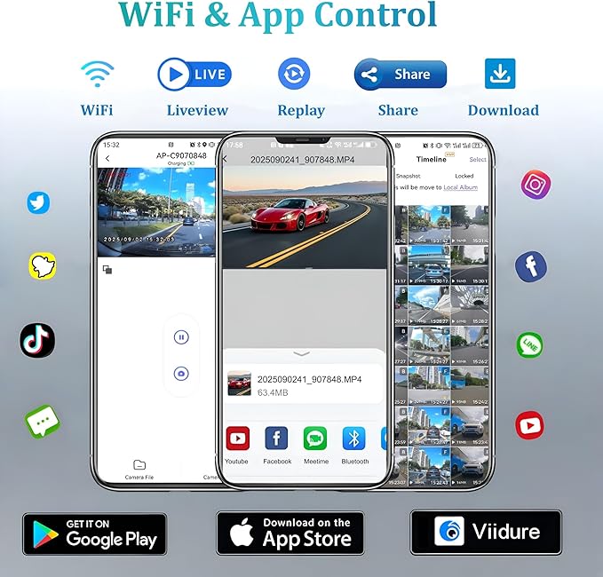 Dash Cam Front and Rear with WiFi, 4K+1080P Dash Camera for Cars, 7Track Dual Car Camera with App Control, 64GB Card, 3.19" IPS Screen, Night Vision, Parking Mode, Loop Recording for Personal Use