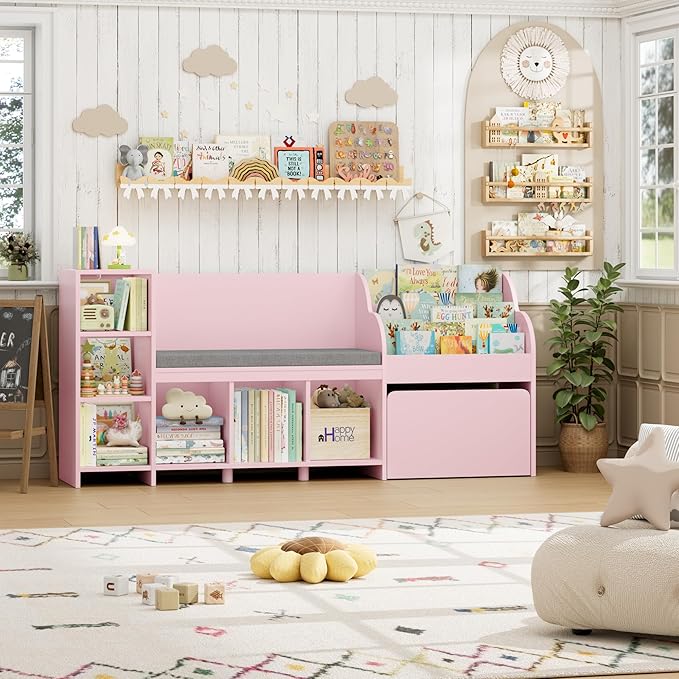HOSTACK 67" W Kids Reading Nook with Toy Storage Organizer, Large Kids Bookshelf with Toy Storage Box on Wheels, Big Kid Bookcase with Bench and 6 Open Cubbies for Playroom, Kid Room, Pink