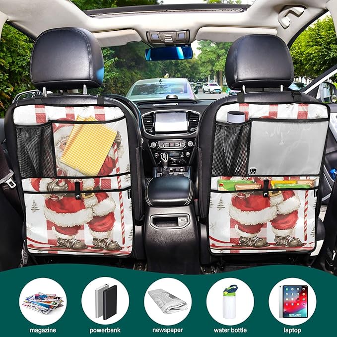 Christmas Santa Claus Candy White 2 Pack Backseat Car Organizer with Storage Pockets Seat Back Organizers for Kids Kick Mats Backseat Protector Automotive