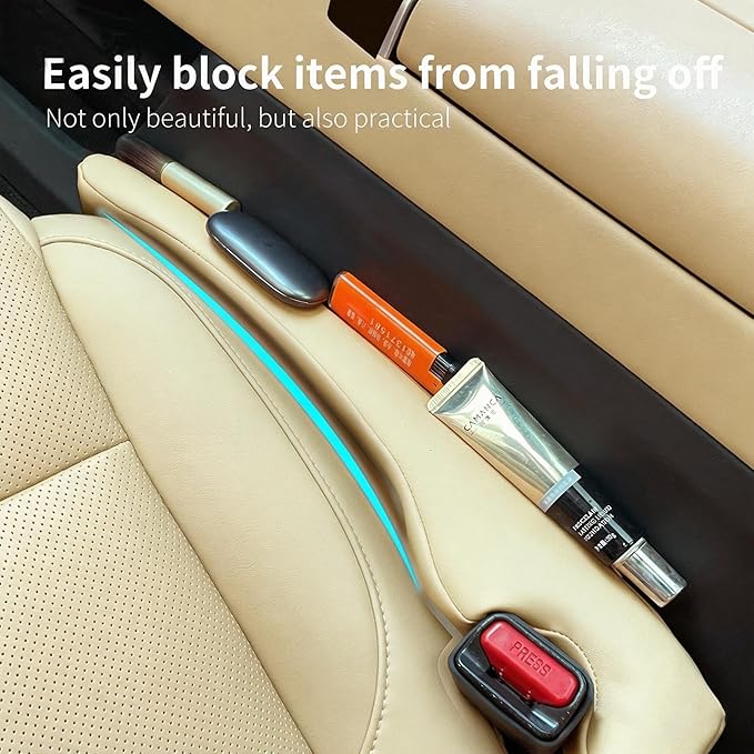 Inflatable Car Seat Gap Filler Strip - 2Pcs Leather Foldable Seat Gap Plug Blocker,Stop Dropping Items,Soft Interior Accessories for All Cars (Beige)