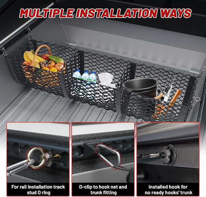 RED WOLF 3 Pocket Cargo Mesh Net for 2024-2025 Tesla Cybertruck Trunk Organizer Netting Rear Bucket Storage Net with L-Track Round Ring D-Carabiner Mounting Hook