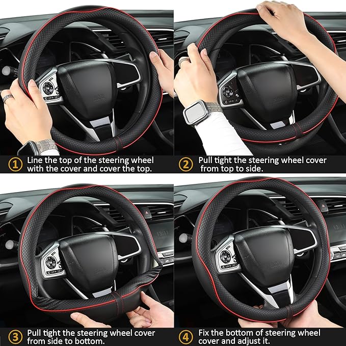 West Llama Customized Auto Car Steering Wheel Cover for Dodge RAM 1500 2500 3500, 15.5-16 inch (Black+Red Line-Large Size)