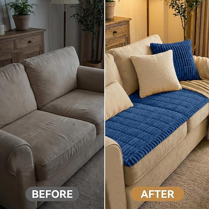 Smiry Couch Cover for Dogs Washable, Non Slip Fuzzy Pet Couch Covers for 3 Cushion Sofa Pet Friendly, Thick Soft Sofa Slipcovers Cushion Protector (Navy Blue, 27.6" x 27.6")