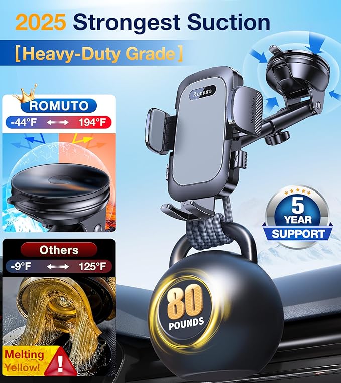 Romuto Car Phone Holder Mount【Strongest Suction】 Phone Mount for Car Cell Phone Holders for Your Car Accessories for Women Men Dashboard/Windshield/Vent/Camera Mounts Stand Holder for iPhone Samsung