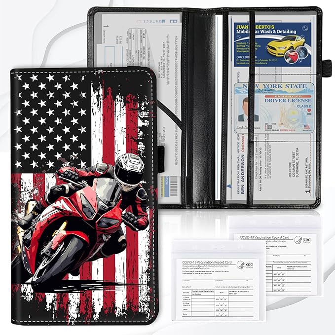 Car Registration and Insurance Card Holder, Vehicle License Documents Glove Box Compartment Organizer Wallet, ID Card Holder for Car Essentials Automobile, American Flag Motorcycle