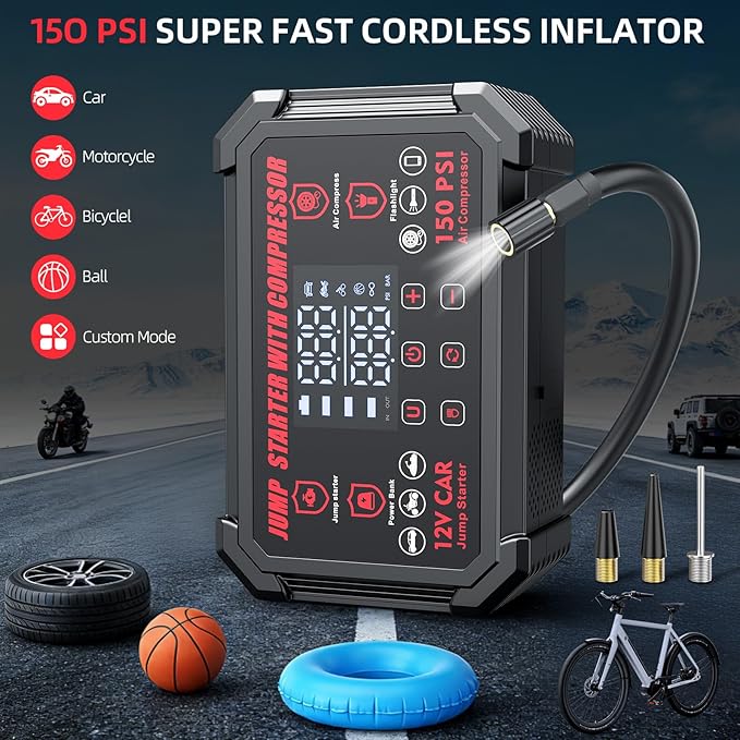 Jump Starter with Air Compressor, 4000A Peak Portable Car Battery Jumper Starter with 150PSI Auto-Shutoff Tire Inflator, 12V Car Jump Box with LED Light&LED Display All Gas /10L Diesel,Motorcycle